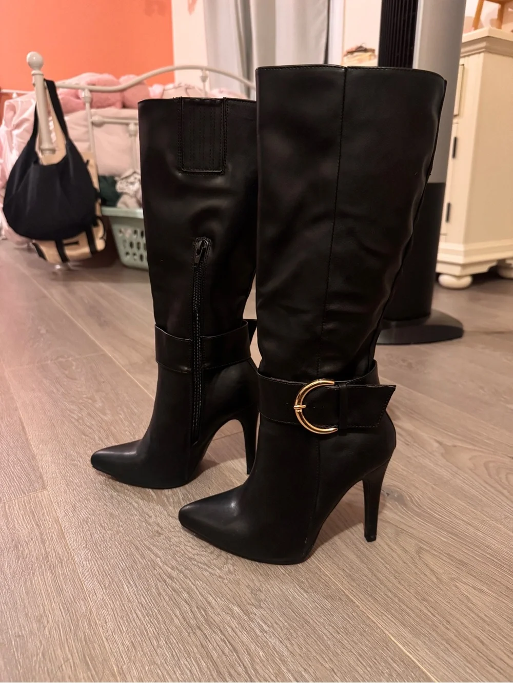 Black Knee-High Stiletto Boots with Gold Buckle - Picture 2 of 3